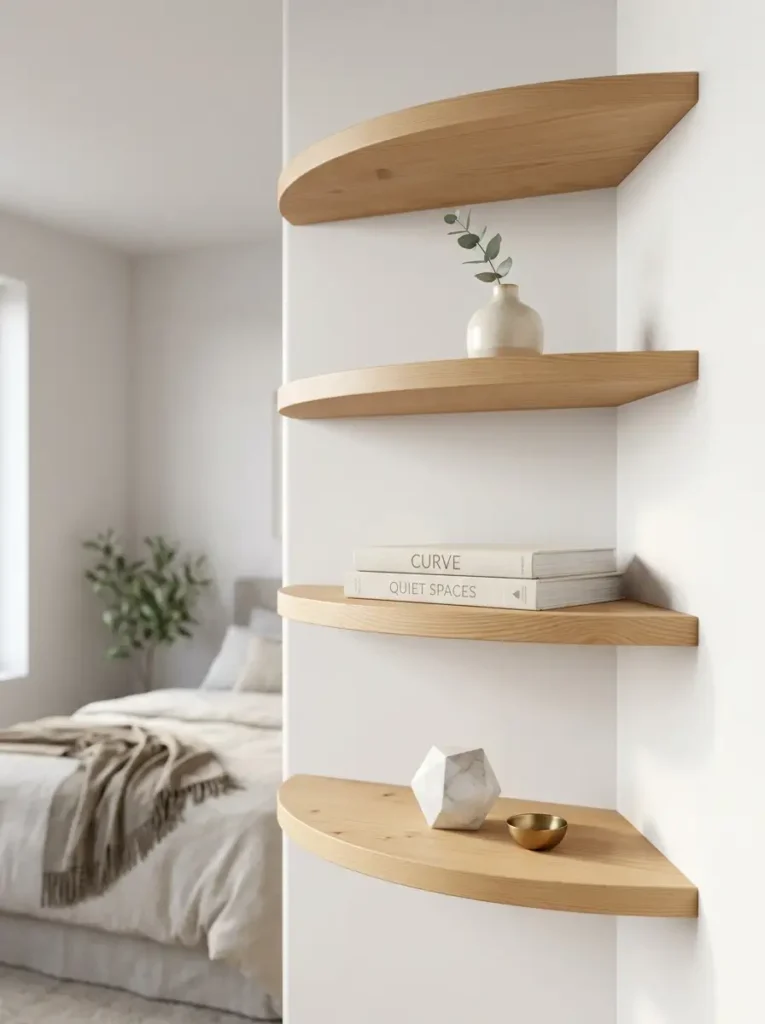 Curved wooden floating shelves in a corner with a vase and books.