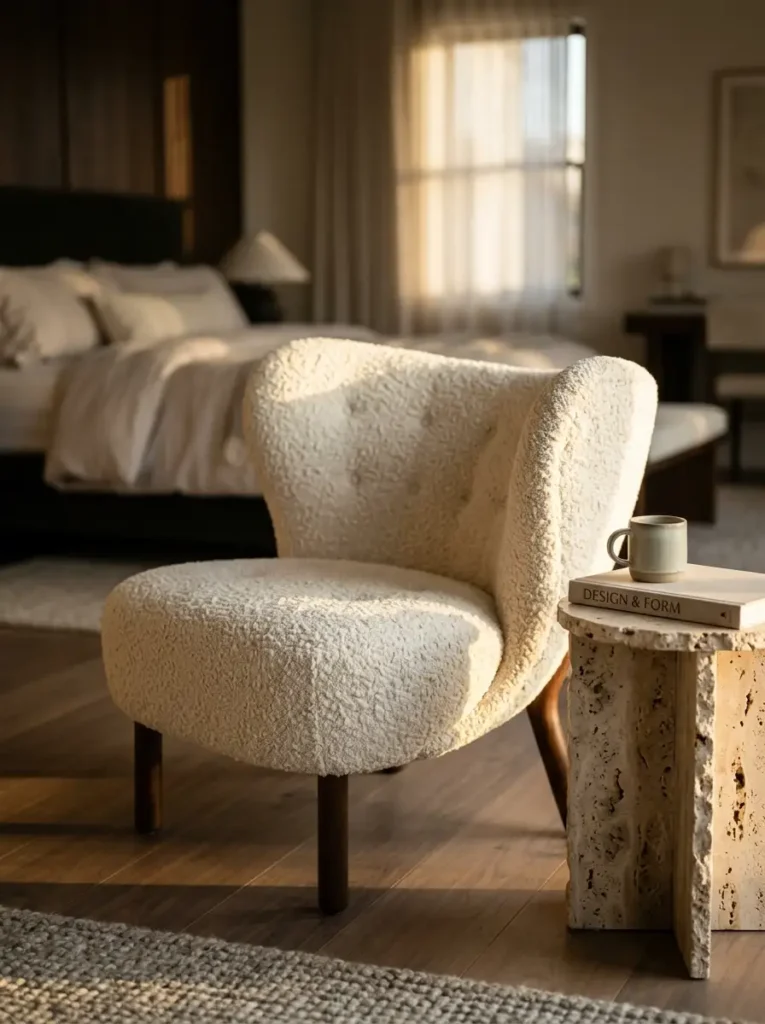 White shearling armchair sitting next to a pitted limestone side table