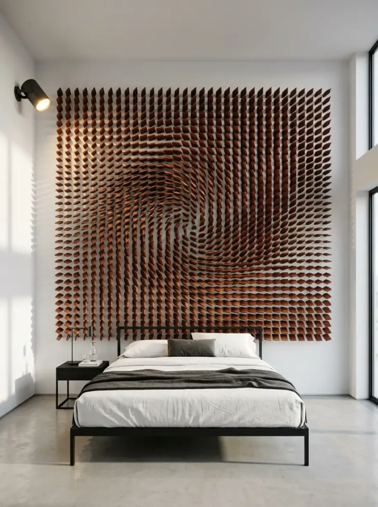 Minimalist white bedroom featuring a massive wall art installation made of thousands of angled wooden blocks.