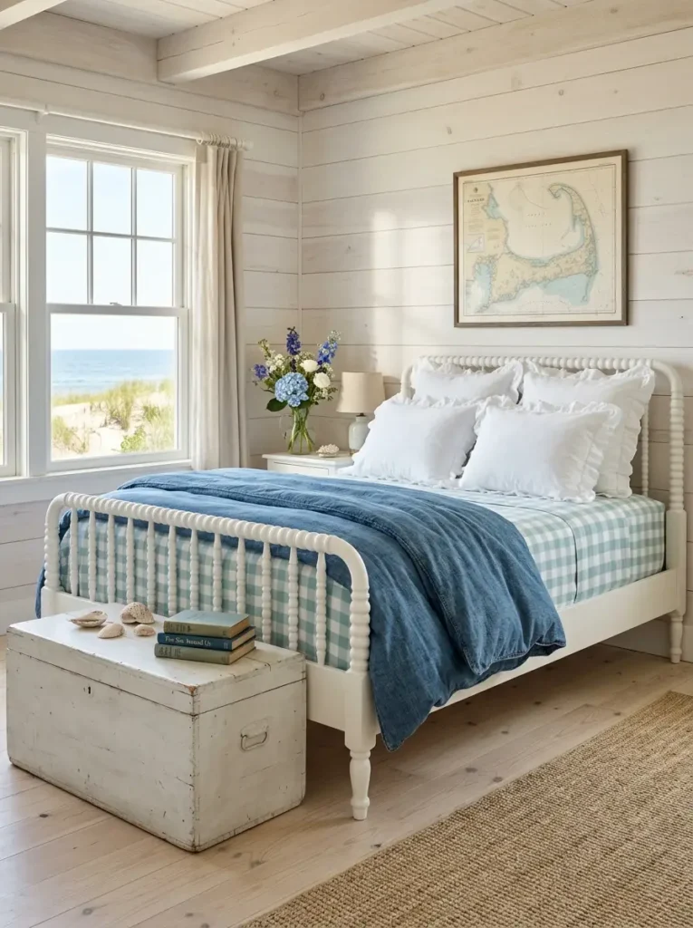 Coastal bedroom with gingham bedding