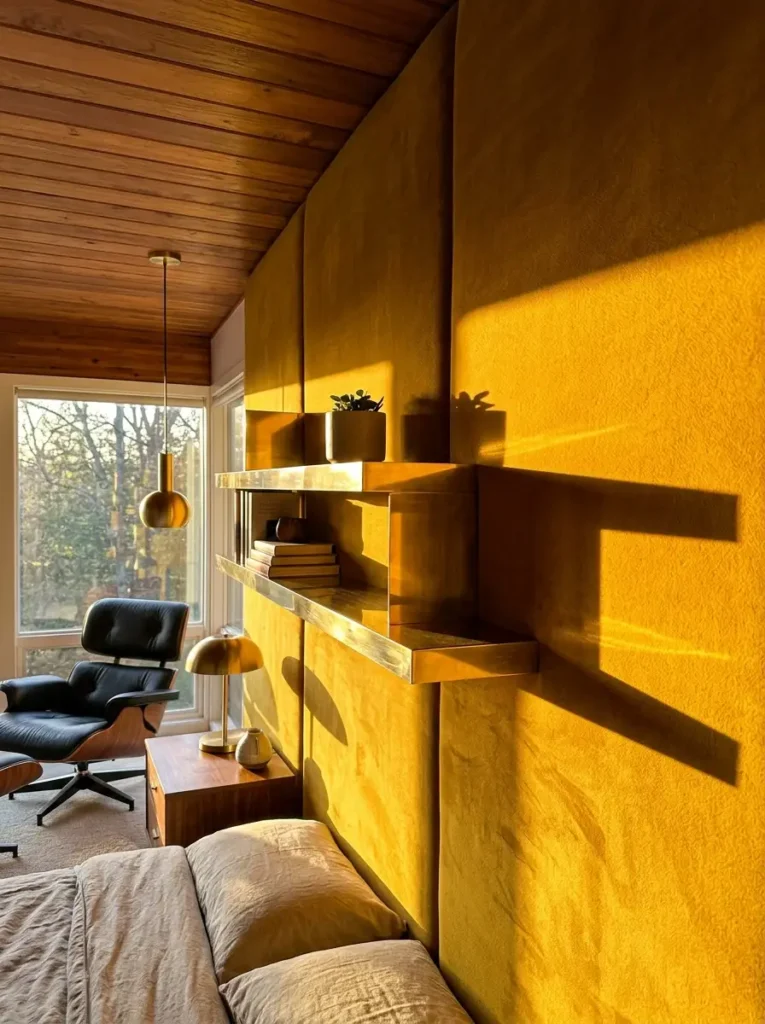 Ochre upholstered wall panels with gold shelving