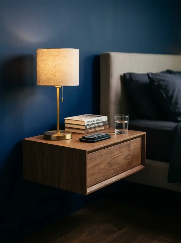 Walnut floating nightstand with a lamp and glass of water.