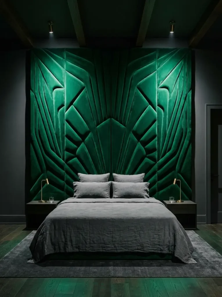 Tall emerald green velvet headboard featuring geometric art deco tufting