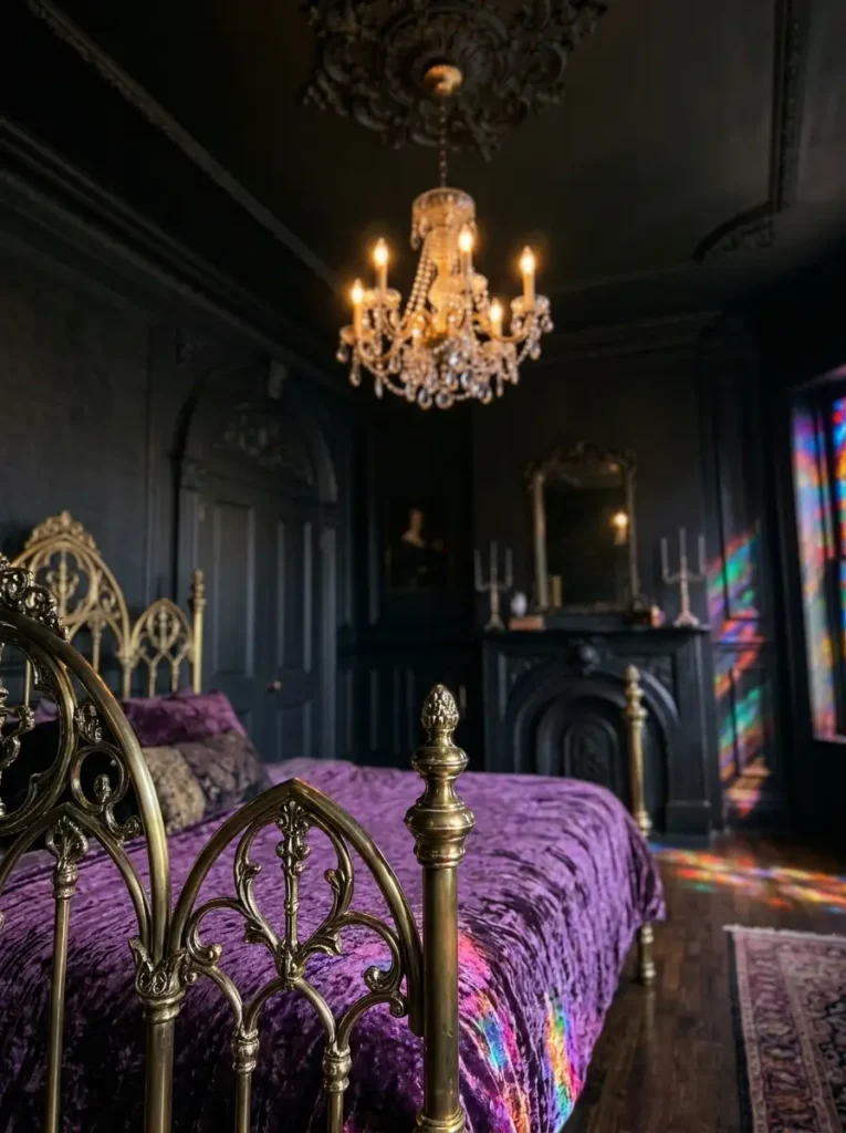 Dark gothic bedroom with a brass bed purple velvet sheets and rainbow light refracting across the floor.