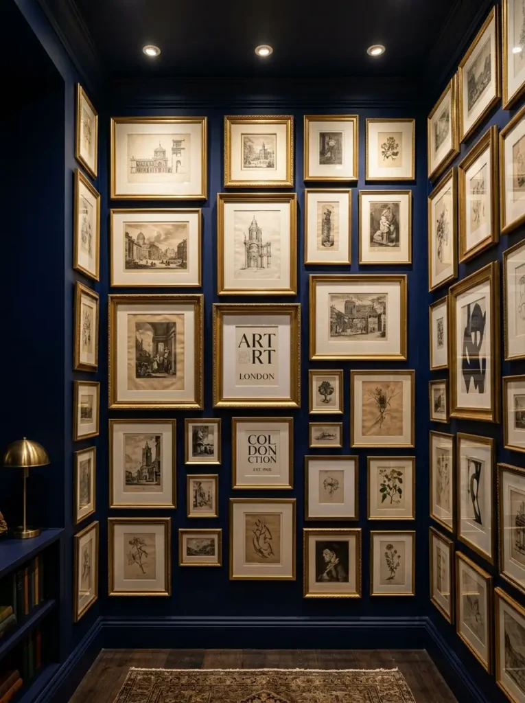 Deep blue wall filled with numerous gold-framed art prints.