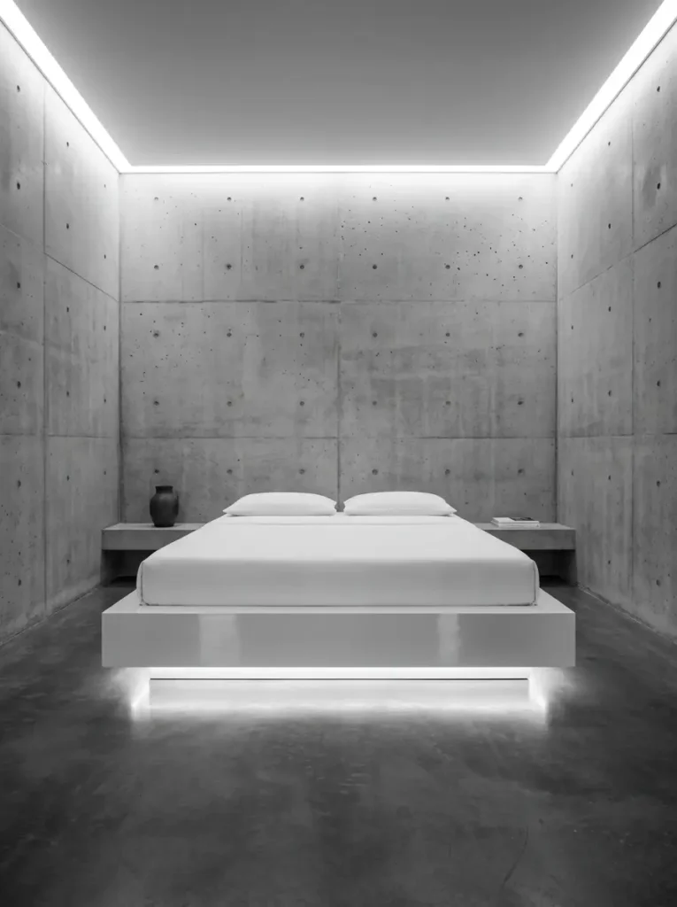 Glossy white platform bed floating inside a room with raw concrete walls