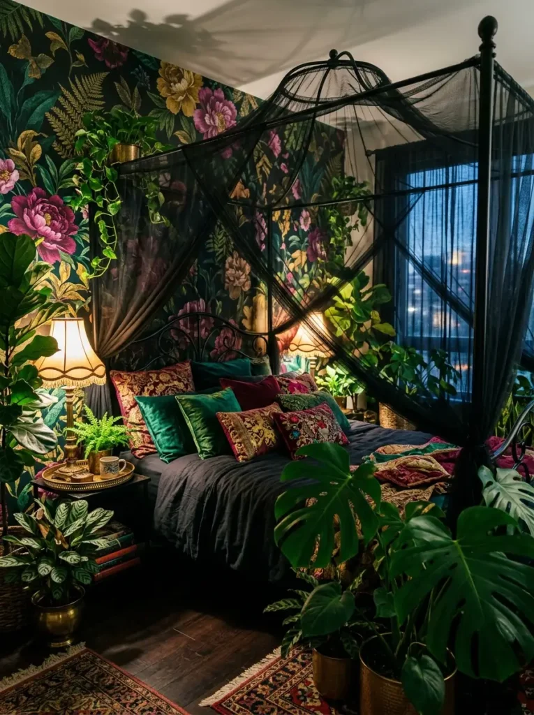 Moody bedroom with dense floral wallpaper potted tropical plants and a black sheer canopy over the bed.