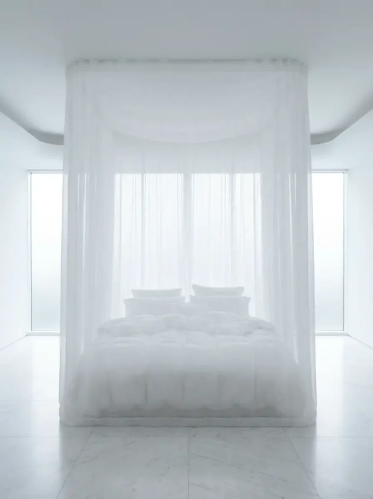 Ethereal white bedroom with canopy