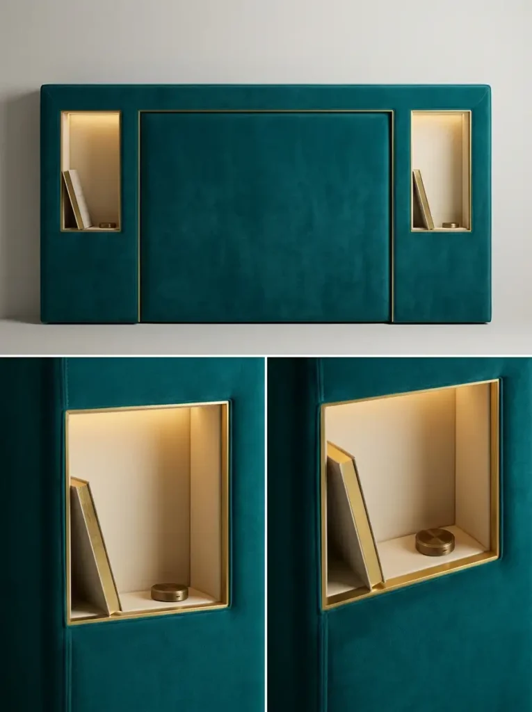 Deep teal velvet headboard featuring recessed storage niches.