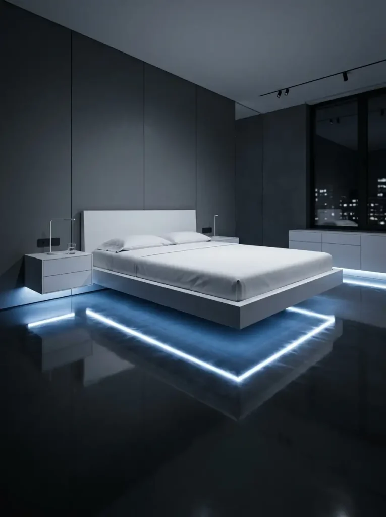 Floating white platform bed featuring blue neon underglow lighting and dark walls
