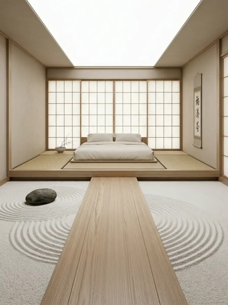 Minimalist Japanese style bedroom with raked sand floors wooden walkways shoji screens and a low floor bed.
