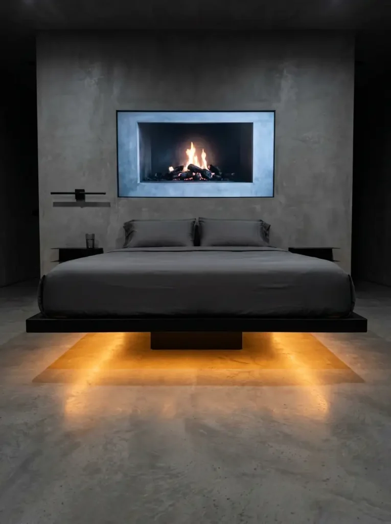 Modern industrial bedroom with floating bed