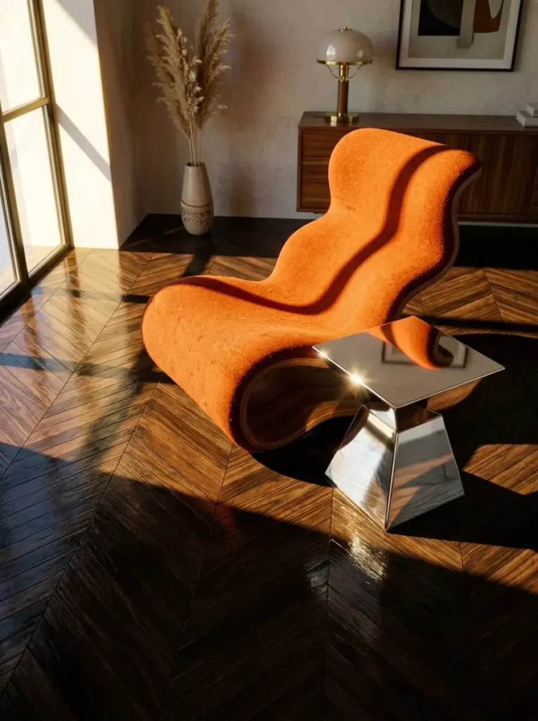 Orange wavy lounge chair on chevron floor