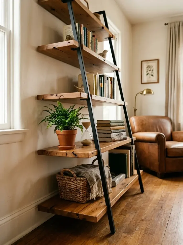 Leaning wooden ladder shelf with books and a green plant.