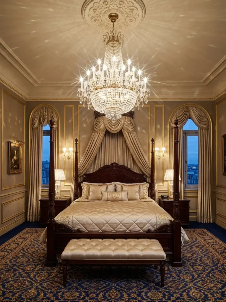 Antique mahogany four poster bed under a large crystal chandelier and silk drapes