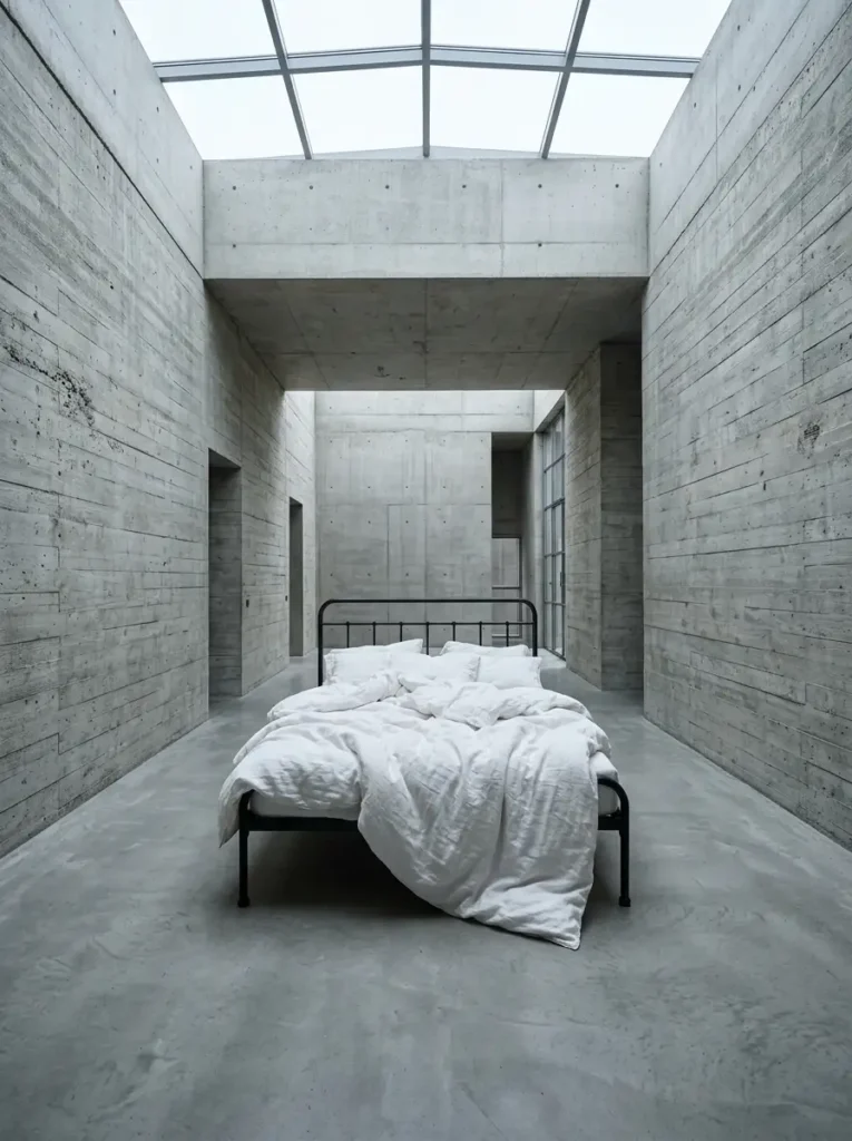 Raw concrete bunker style bedroom with a simple black metal bed and white linens under a large skylight.