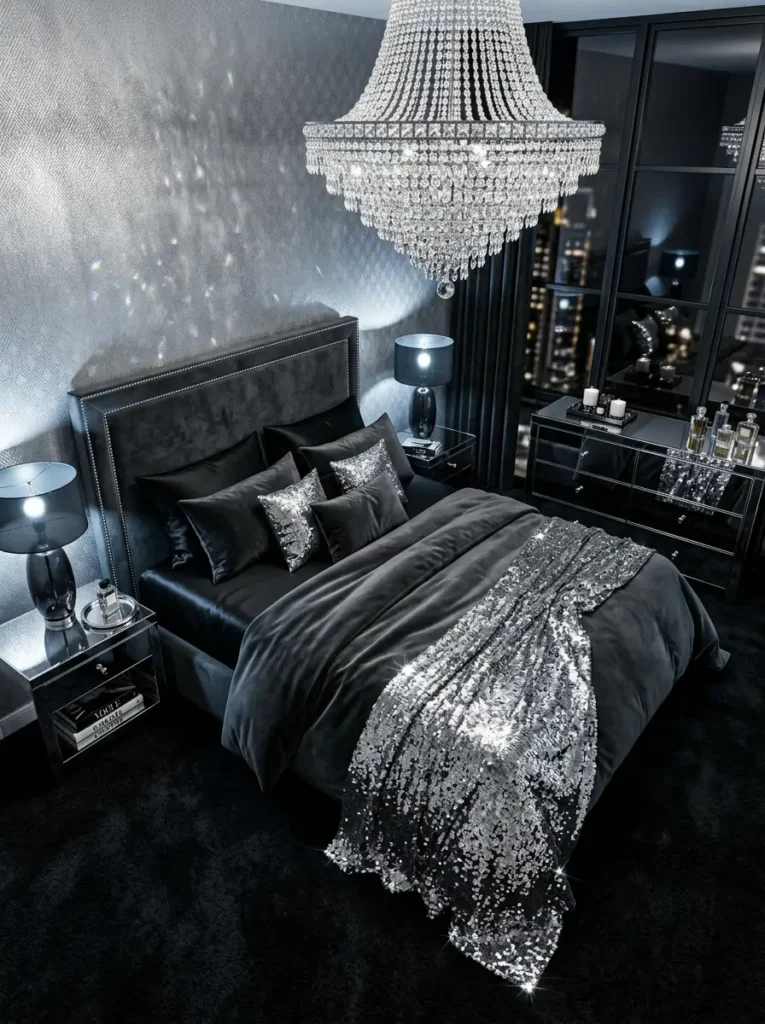 Glamour bedroom with crystal chandelier