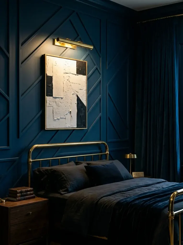 Dark blue room with detailed wall molding