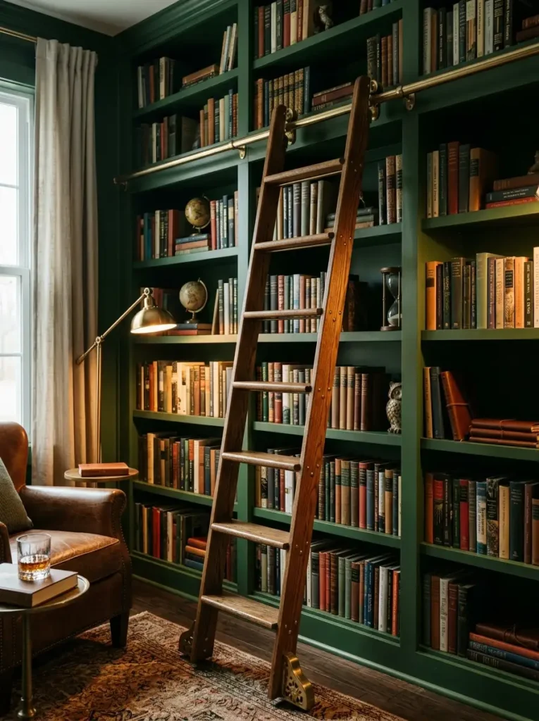 Tall green library shelving unit with a rolling wooden ladder.