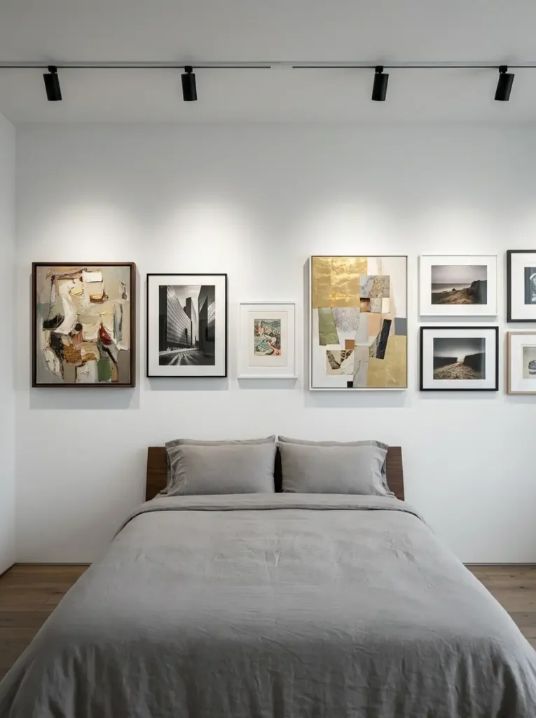 Asymmetrical gallery wall of modern art hanging above a low grey bed