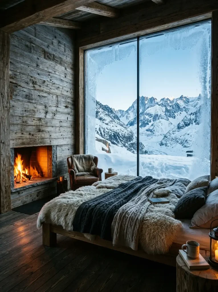 Rustic bedroom with reclaimed wood walls a roaring fireplace and a frosted panoramic window showing snowy mountain peaks.