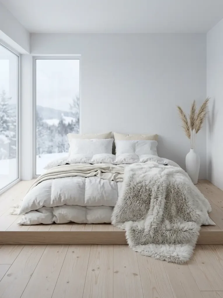 Minimalist snowy bedroom with pampas grass