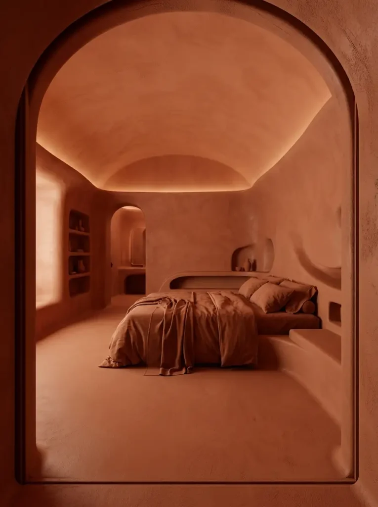 Monolithic clay-toned bedroom with arched walls