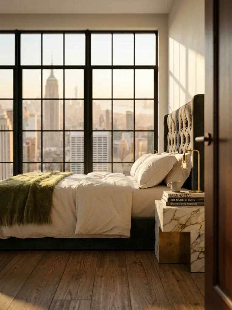 City skyline view through expansive glass windows behind a tufted velvet bed