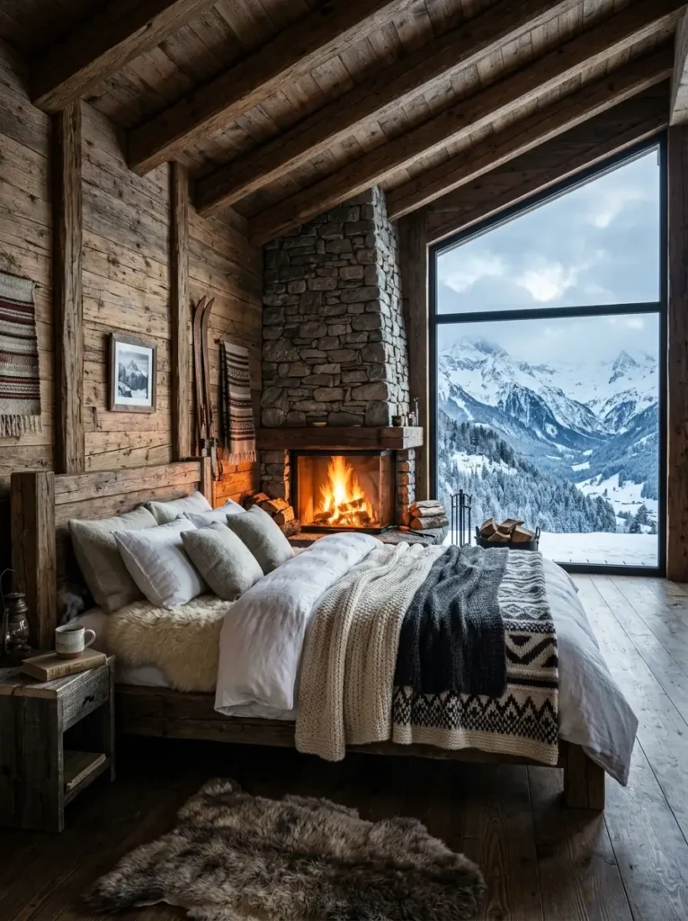Rustic timber space featuring a large stone fireplace and expansive window overlooking snowy mountains.