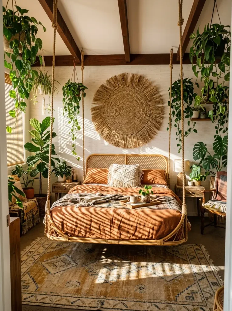 Tropical bedroom with hanging rattan bed