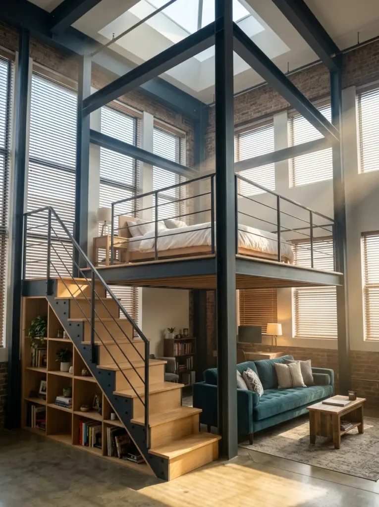 Industrial metal loft bed frame over a green sofa living space.