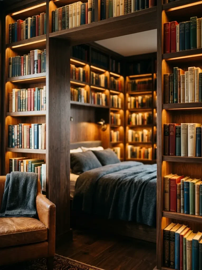 Bed recessed inside floor to ceiling dark walnut bookshelves with glowing lights