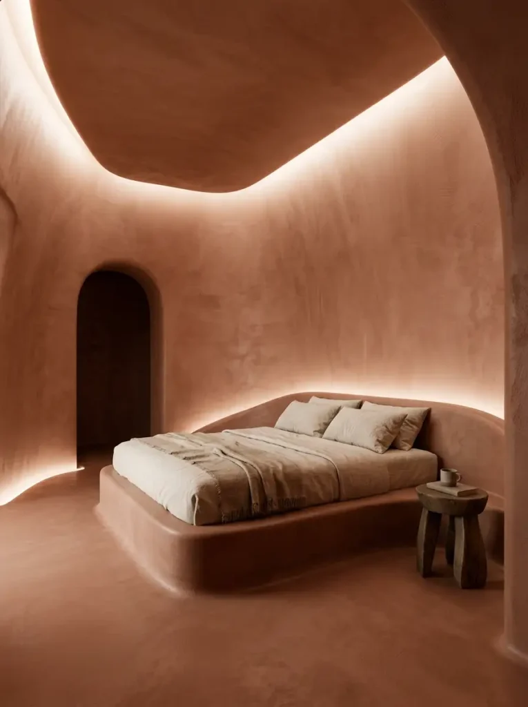 Monochromatic terracotta bedroom with smooth curved walls a molded bed base and warm hidden lighting.