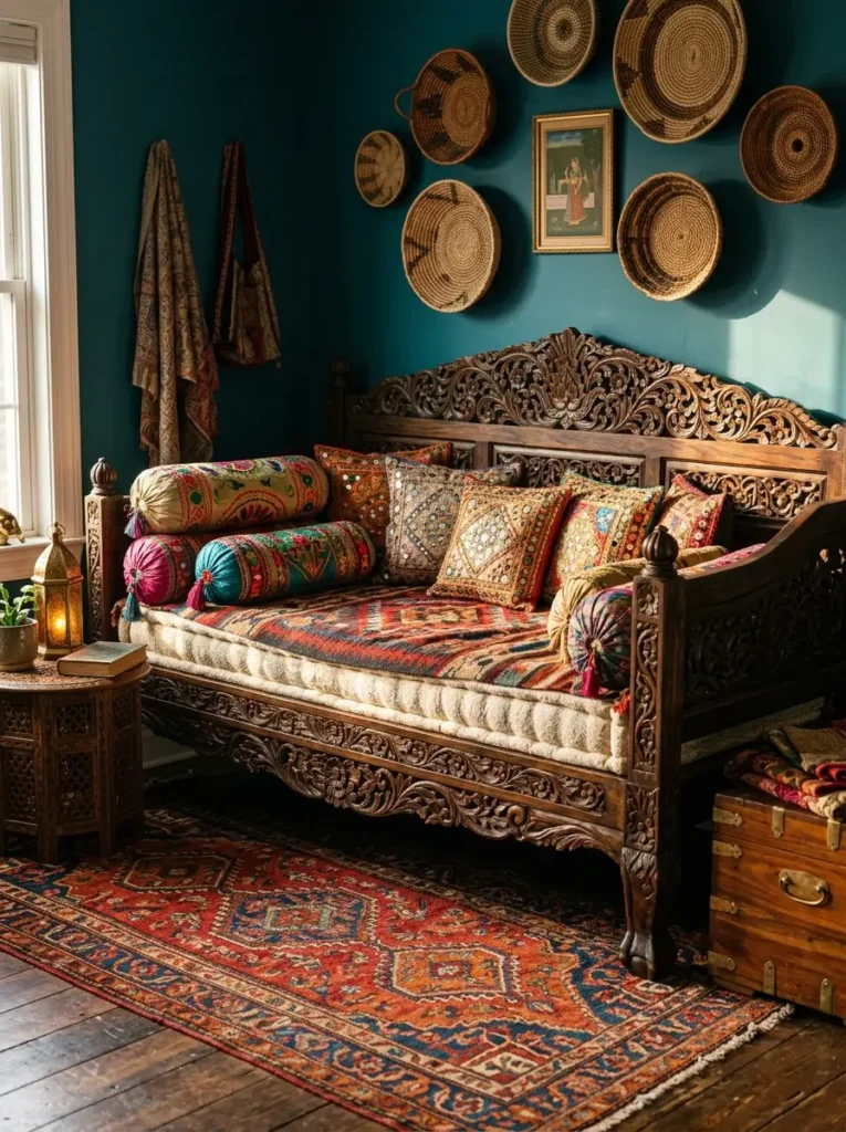 Global style bedroom with carved bed