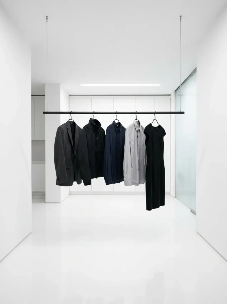 Clothing hanging on rod in minimalist hallway