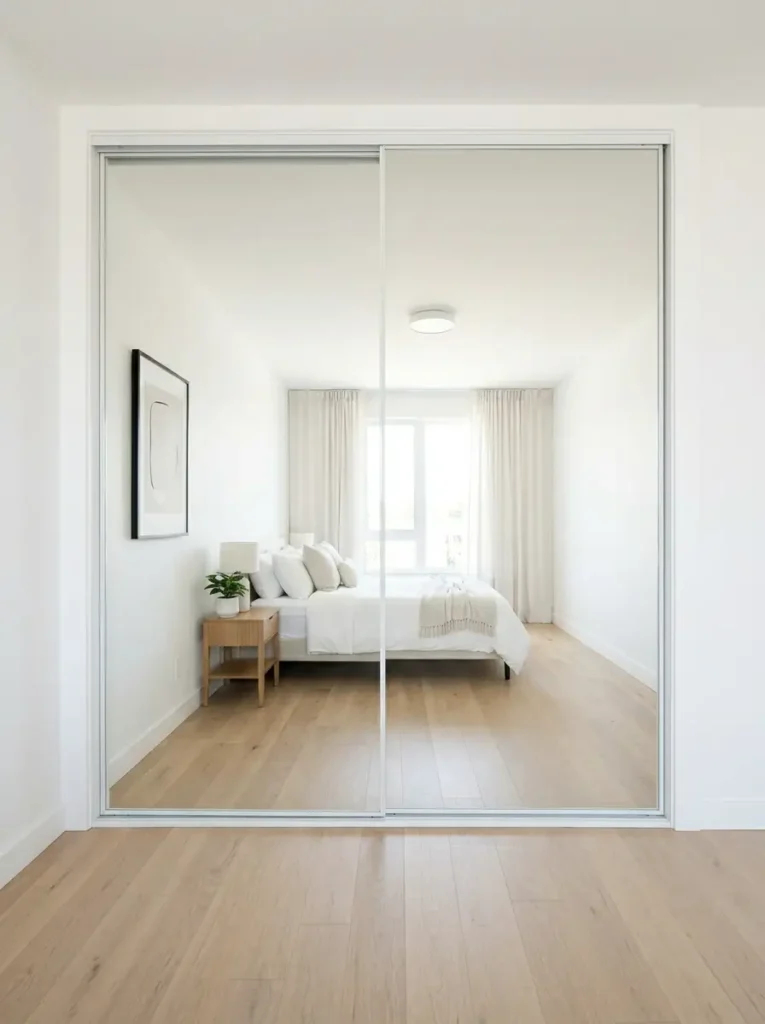 Large floor-to-ceiling mirrored closet doors reflecting the bedroom.