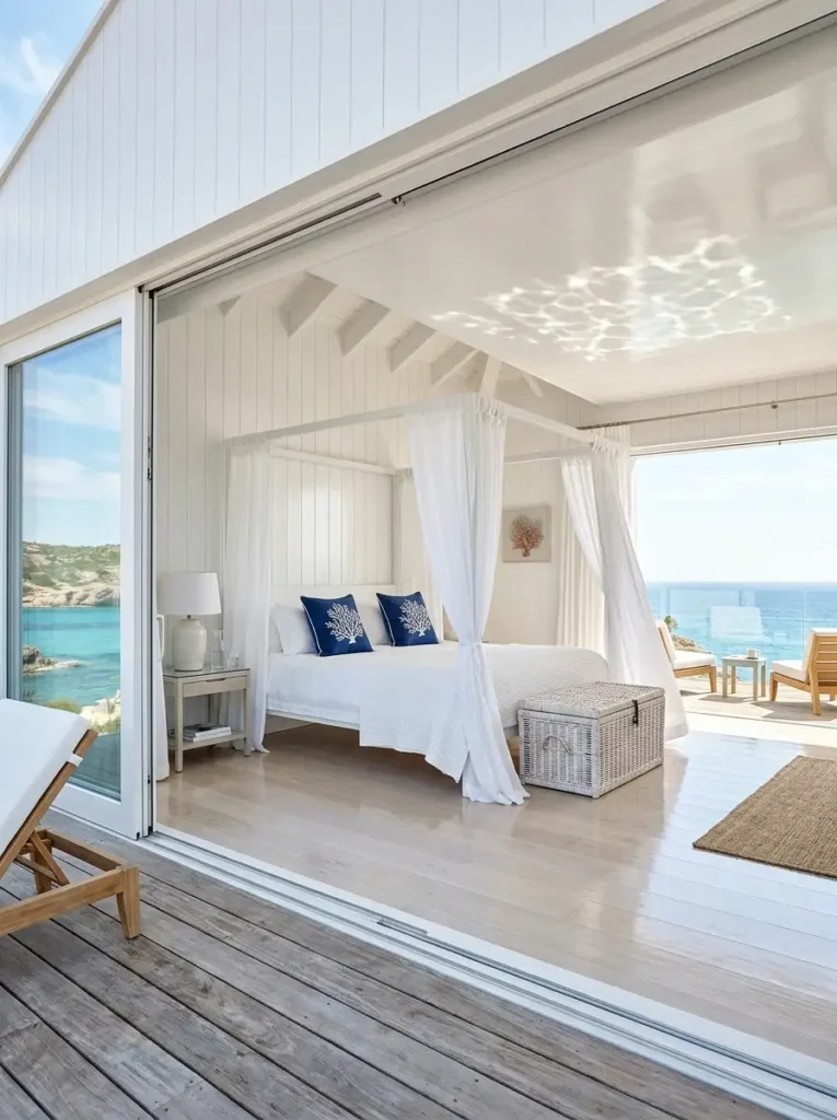 Airy white four poster bed with sheer curtains looking out at an ocean view