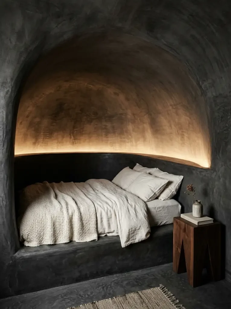 Deep charcoal plaster wall alcove framing a built in bed with textured white waffle linens and warm backlighting.