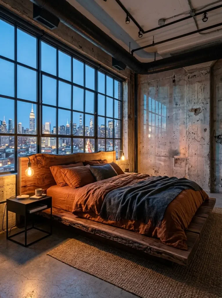 Urban bedroom with cityscape view