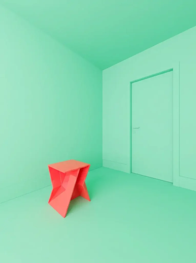 All-mint green room with coral stool