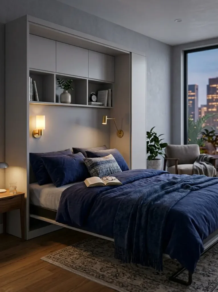 Gray built-in Murphy bed unit with open shelves and wall lighting.