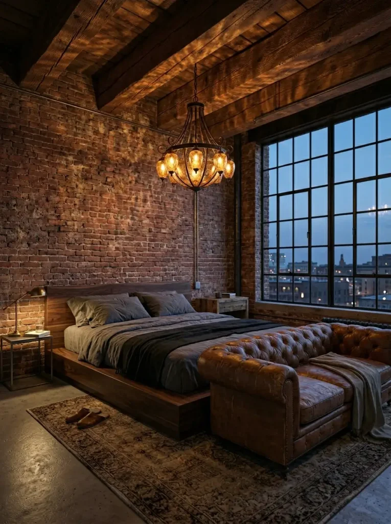 Weathered brick wall behind a wooden bed and a tufted leather sofa in a loft