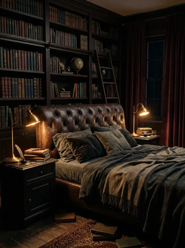 Dark library bedroom with floor to ceiling bookshelves a rolling ladder brass reading lamps and a tufted brown leather bed.