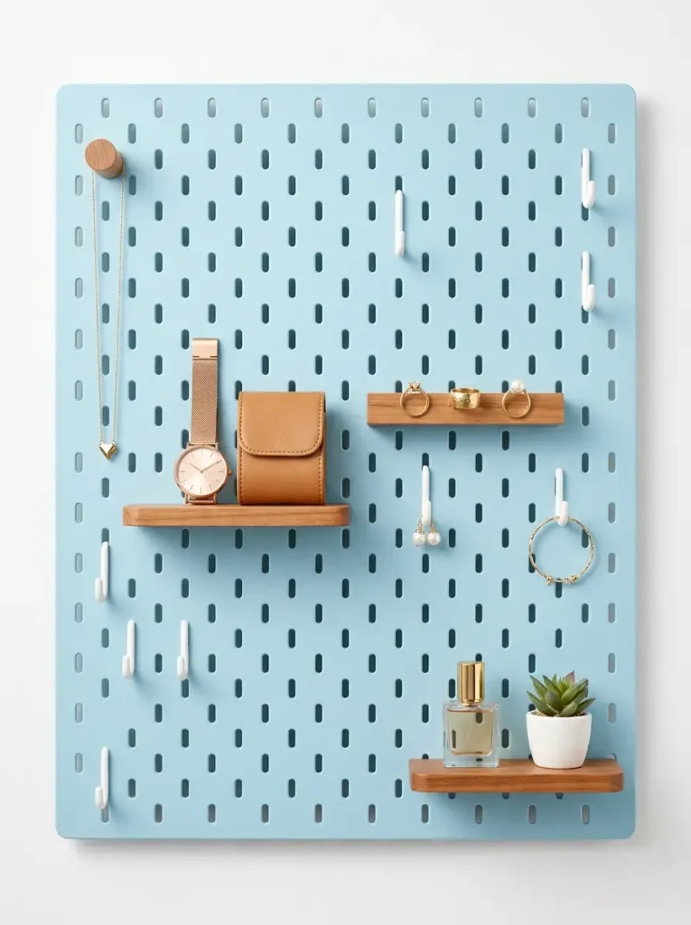 Light blue pegboard organizer with wooden shelves and hooks.