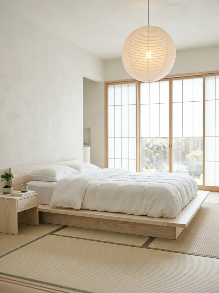 Low ash wood platform bed sitting on tatami mats with a large paper lantern