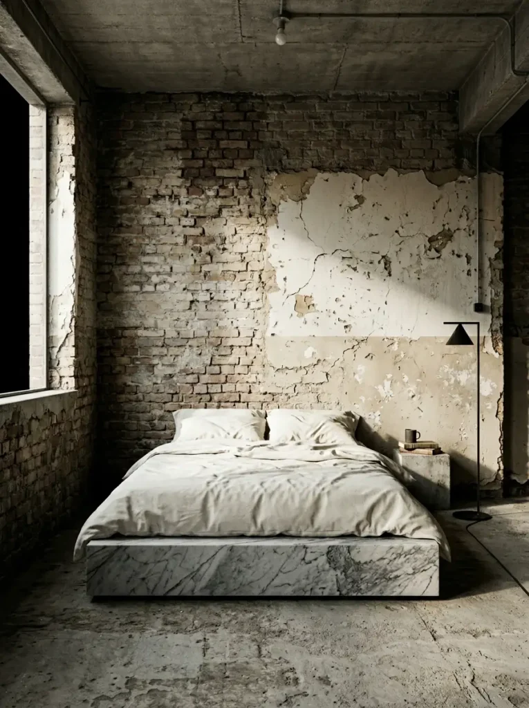 Bedroom featuring crumbling plaster over exposed brick walls a solid marble bed base and minimal white bedding.