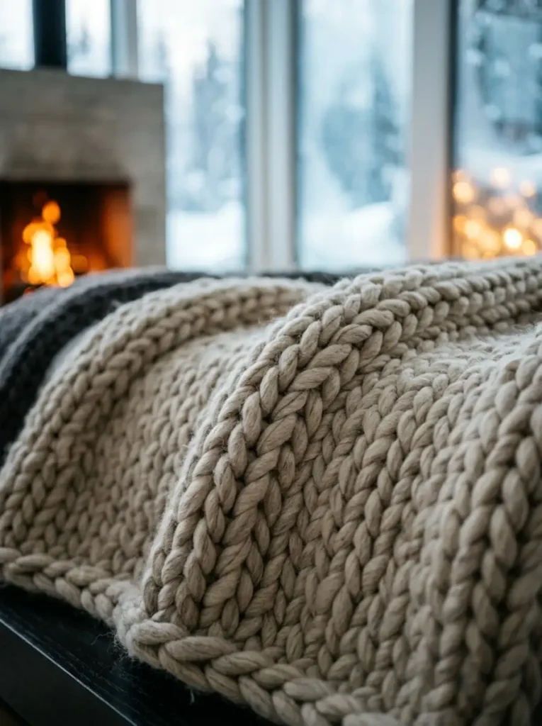 Chunky knit blanket on unmade bed