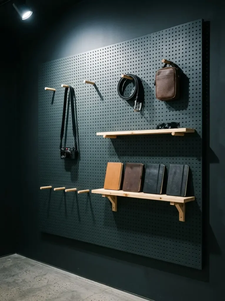 Large black pegboard wall organizer with books and bags.