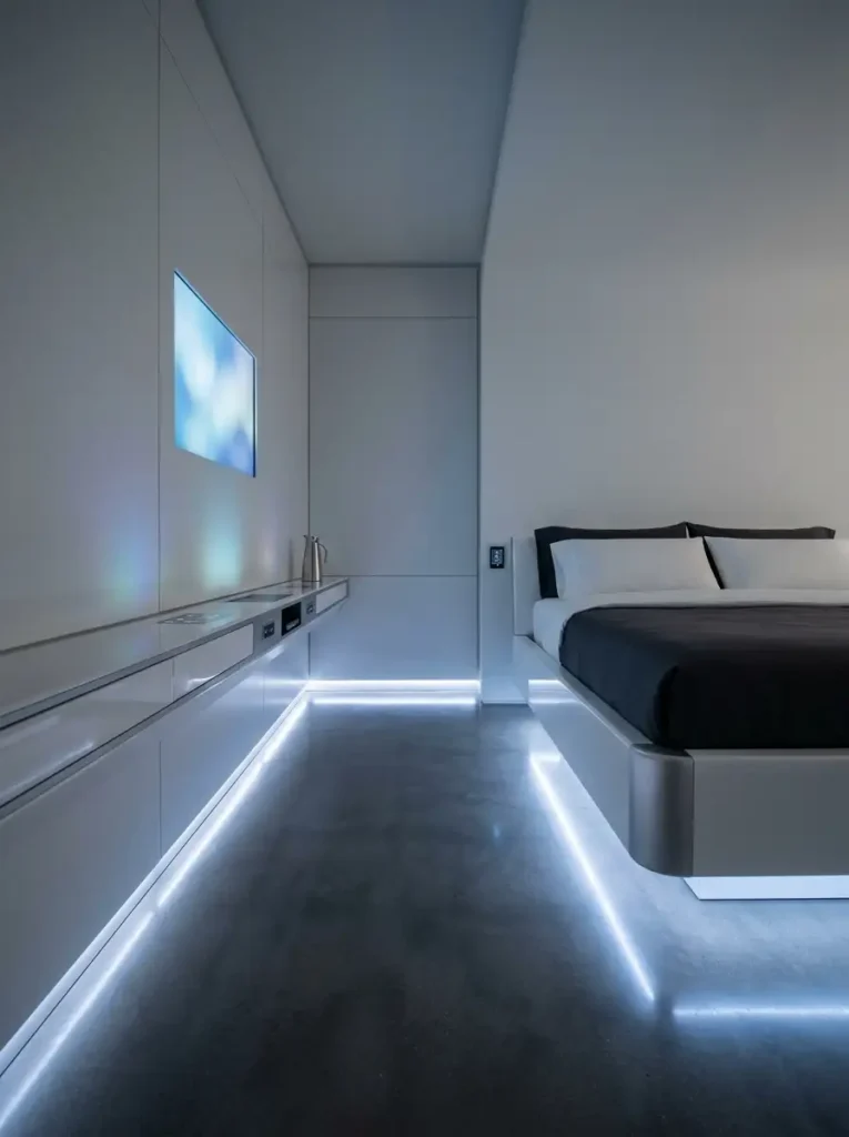 Sleek white bedroom featuring hidden storage compartments and neon floor lighting