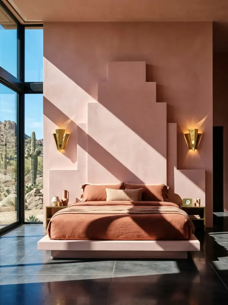 Dusty pink bedroom with a stepped geometric headboard gold sconces and a large window framing desert cacti.